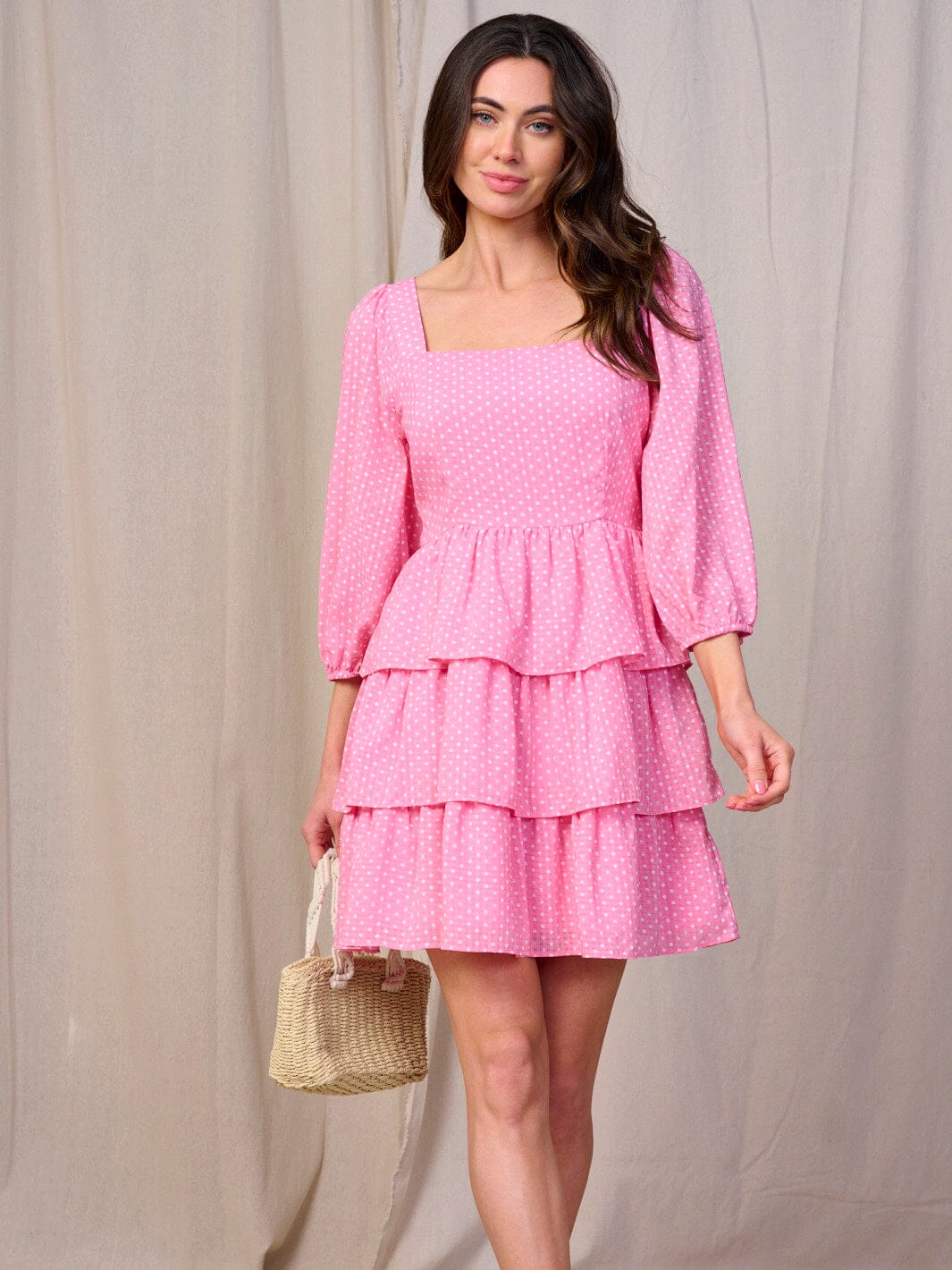 WOMEN'S 3/4 SLEEVES SQUARE NECK POLKA DOTS TIERED RUFFLE MINI DRESS