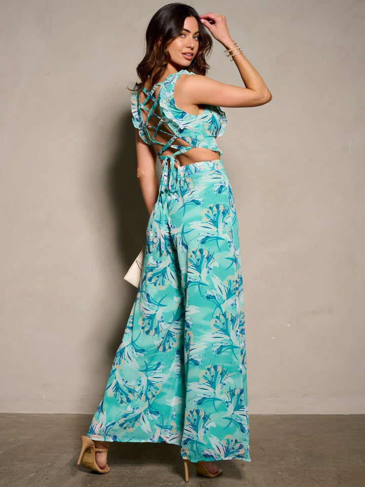 WOMEN'S SLEEVELESS CUT OUT BACK LACE UP FLORAL WIDE LEG JUMPSUIT