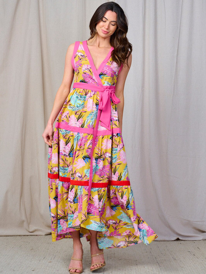 WOMEN'S SLEEVELESSTIERED COLORBLOCK FLORAL WRAP MAXI DRESS