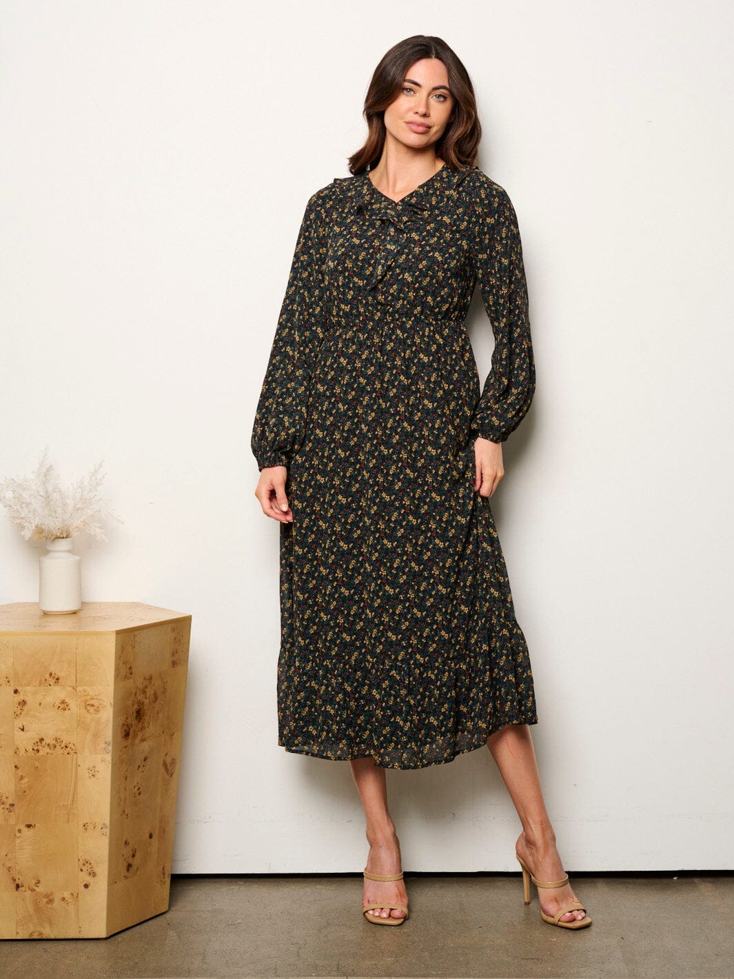 WOMEN'S LONG SLEEVE V-NECK ELASTIC WAIST FLORAL MIDI DRESS