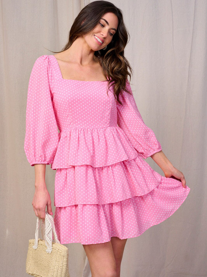 WOMEN'S 3/4 SLEEVES SQUARE NECK POLKA DOTS TIERED RUFFLE MINI DRESS