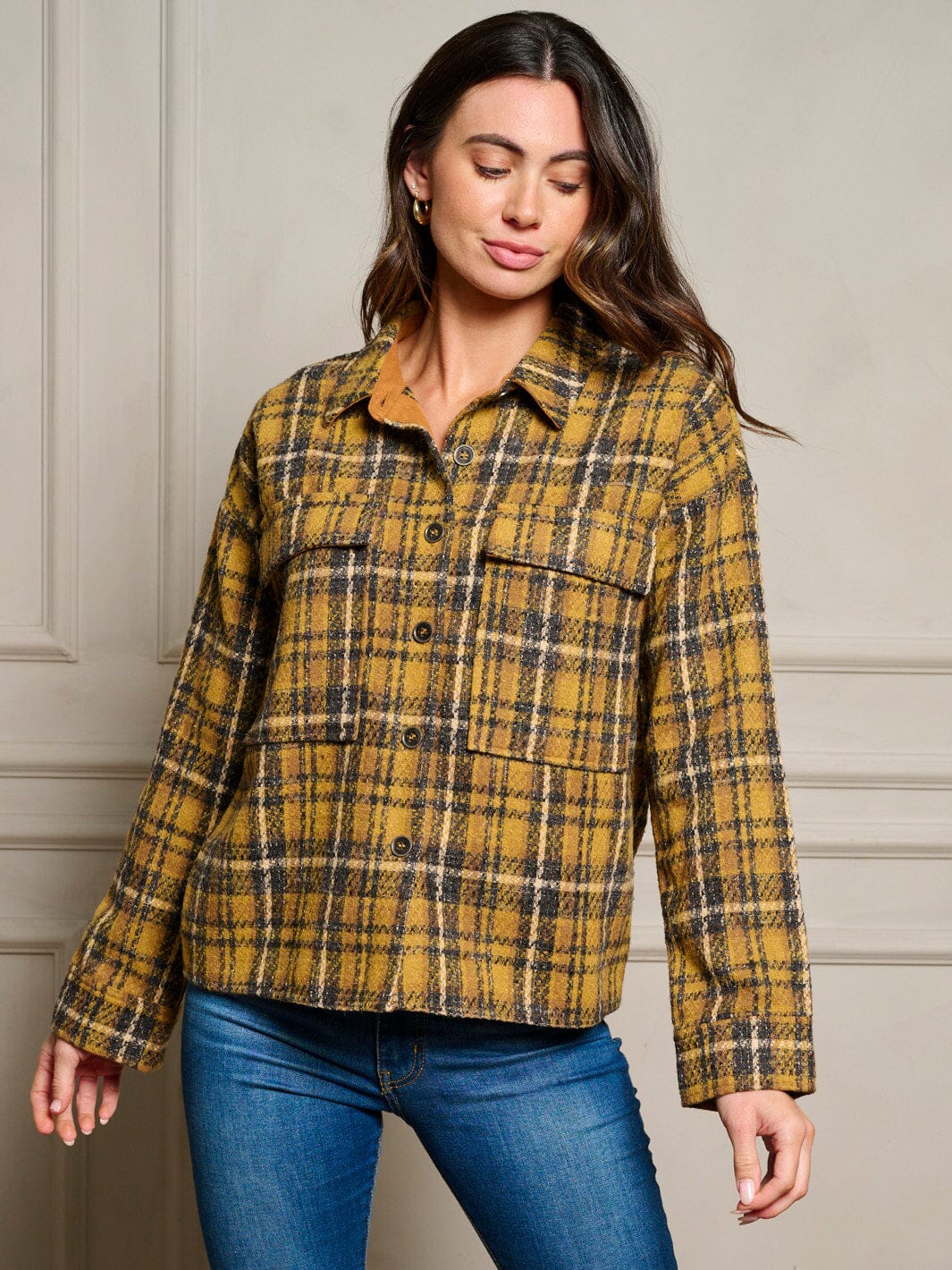 WOMEN'S LONG SLEEVE POCKETS BUTTON UP PLAID JACKET