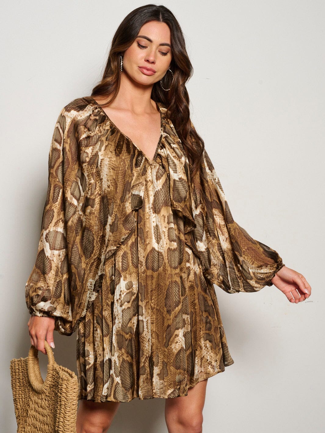 WOMEN'S LONG RUFFLE SLEEVE V-NECK TUNIC SNAKE PRINT MINI DRESS