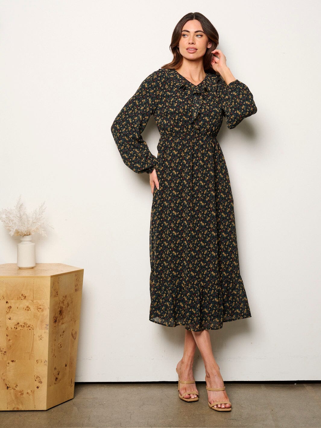 WOMEN'S LONG SLEEVE V-NECK ELASTIC WAIST FLORAL MIDI DRESS