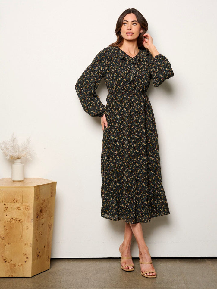WOMEN'S LONG SLEEVE V-NECK ELASTIC WAIST FLORAL MIDI DRESS