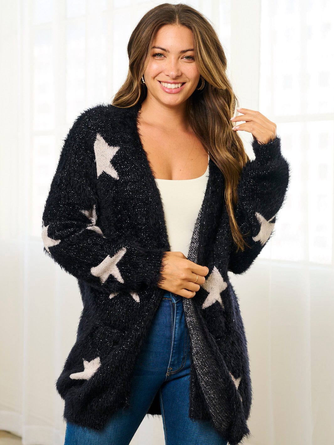 WOMEN'S LONG SLEEVE COLORBLOCK OPEN FRONT STARS PRINT CARDIGAN