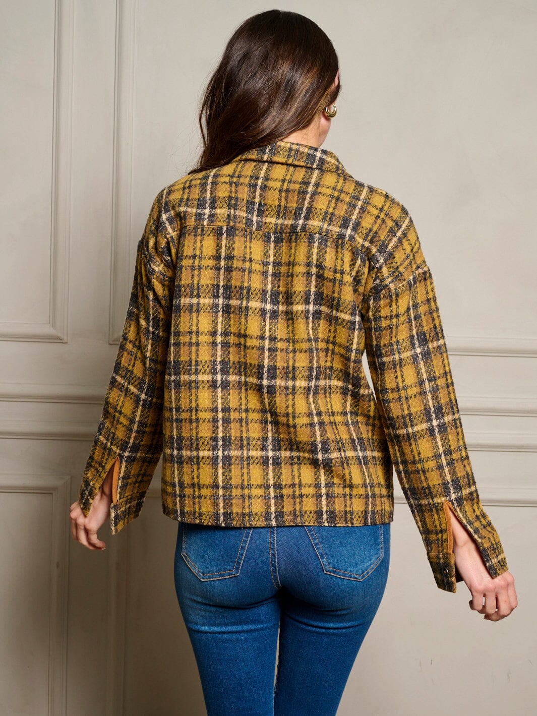 WOMEN'S LONG SLEEVE POCKETS BUTTON UP PLAID JACKET