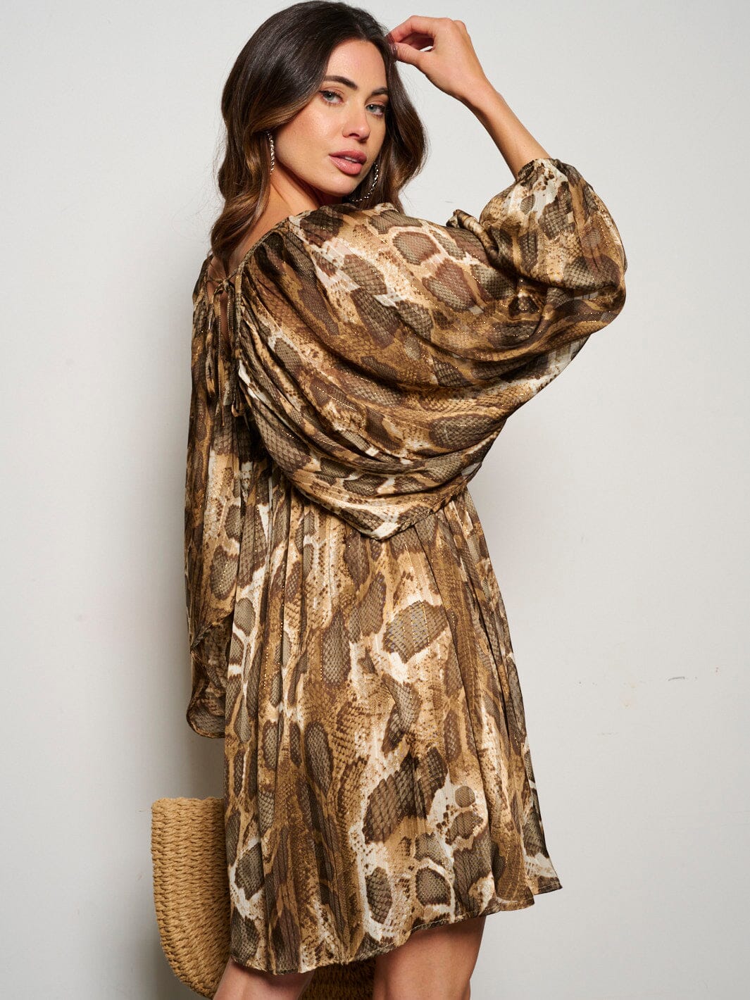 WOMEN'S LONG RUFFLE SLEEVE V-NECK TUNIC SNAKE PRINT MINI DRESS