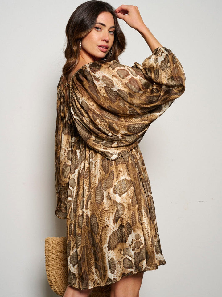 WOMEN'S LONG RUFFLE SLEEVE V-NECK TUNIC SNAKE PRINT MINI DRESS