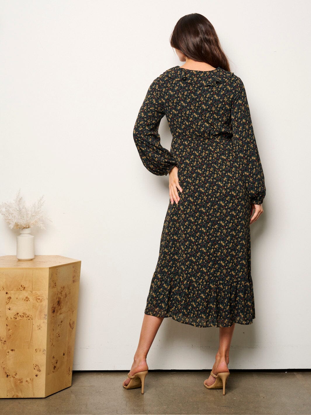 WOMEN'S LONG SLEEVE V-NECK ELASTIC WAIST FLORAL MIDI DRESS