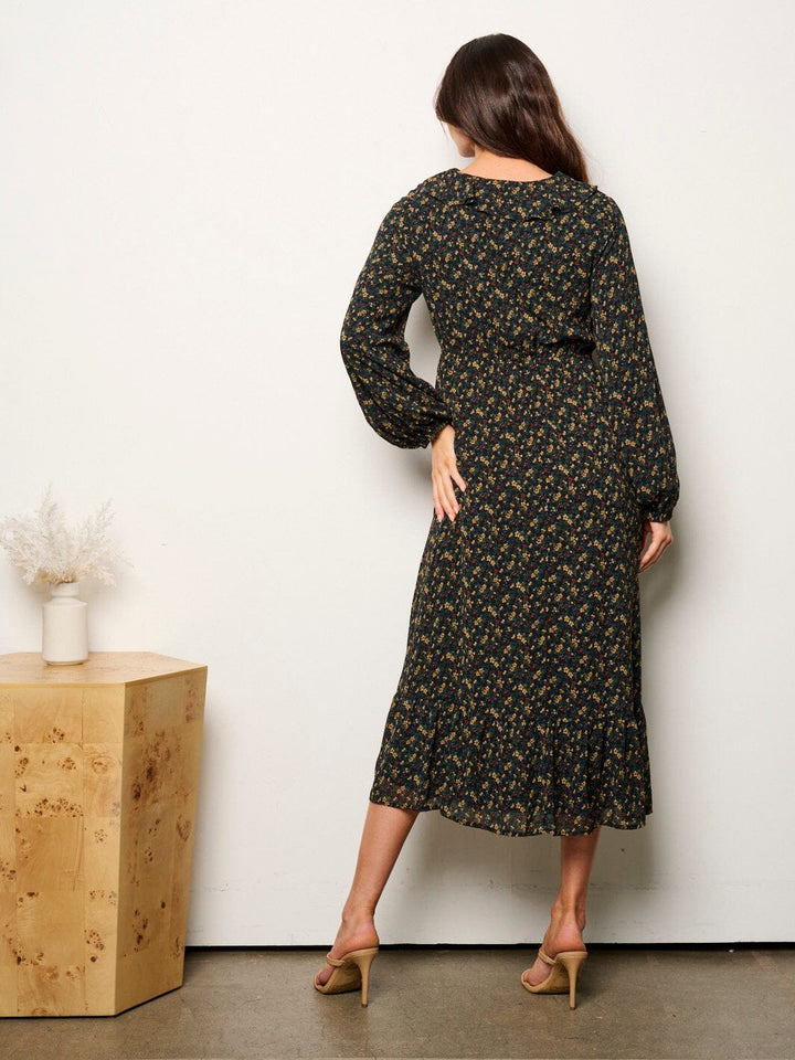 WOMEN'S LONG SLEEVE V-NECK ELASTIC WAIST FLORAL MIDI DRESS