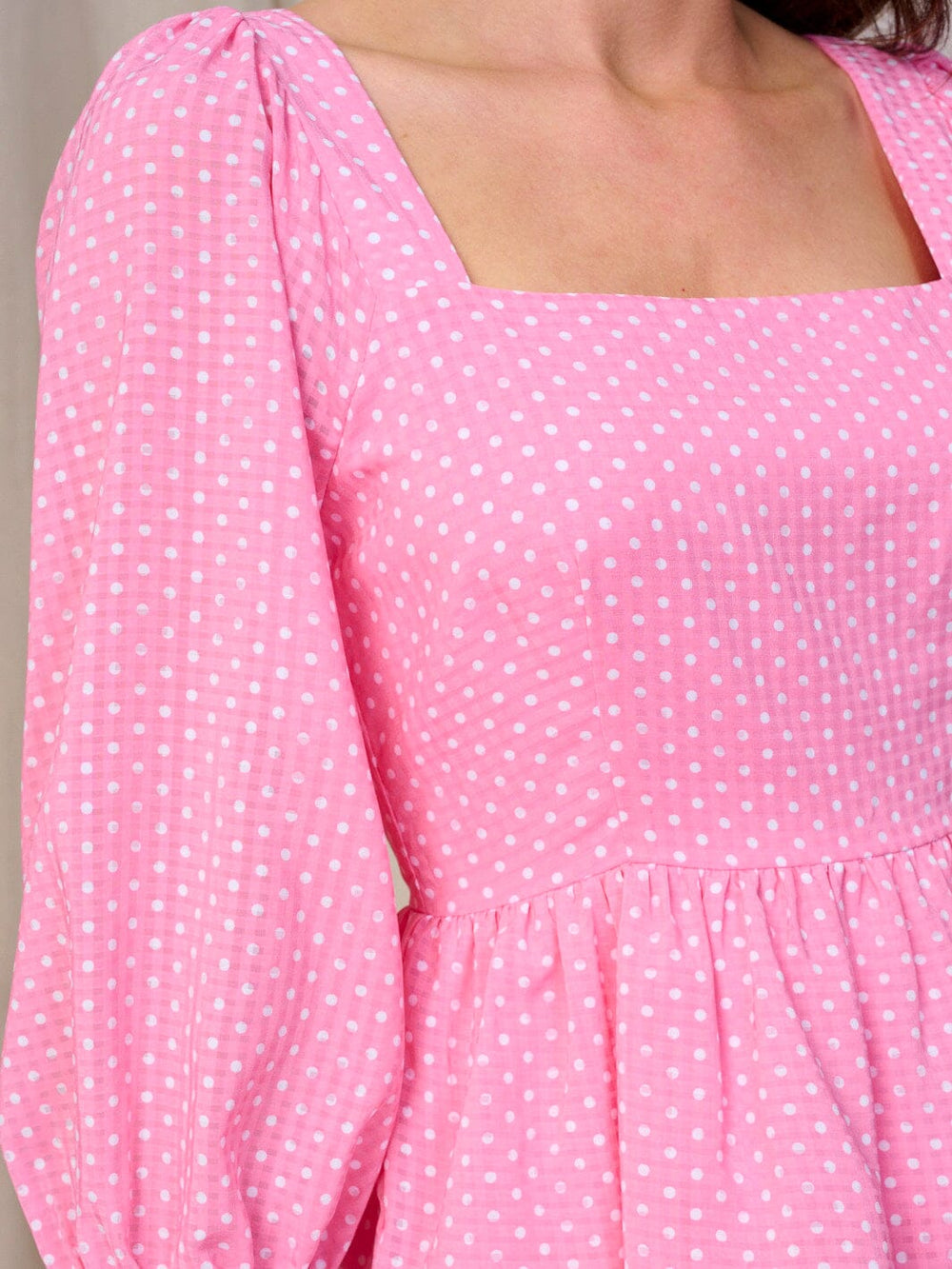 WOMEN'S 3/4 SLEEVES SQUARE NECK POLKA DOTS TIERED RUFFLE MINI DRESS