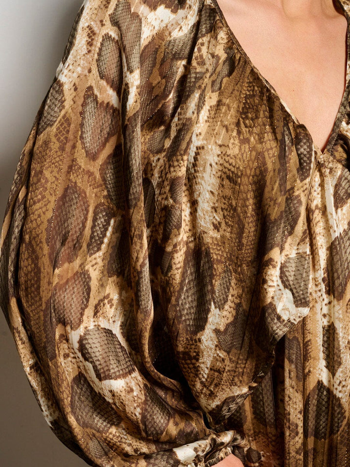 WOMEN'S LONG RUFFLE SLEEVE V-NECK TUNIC SNAKE PRINT MINI DRESS