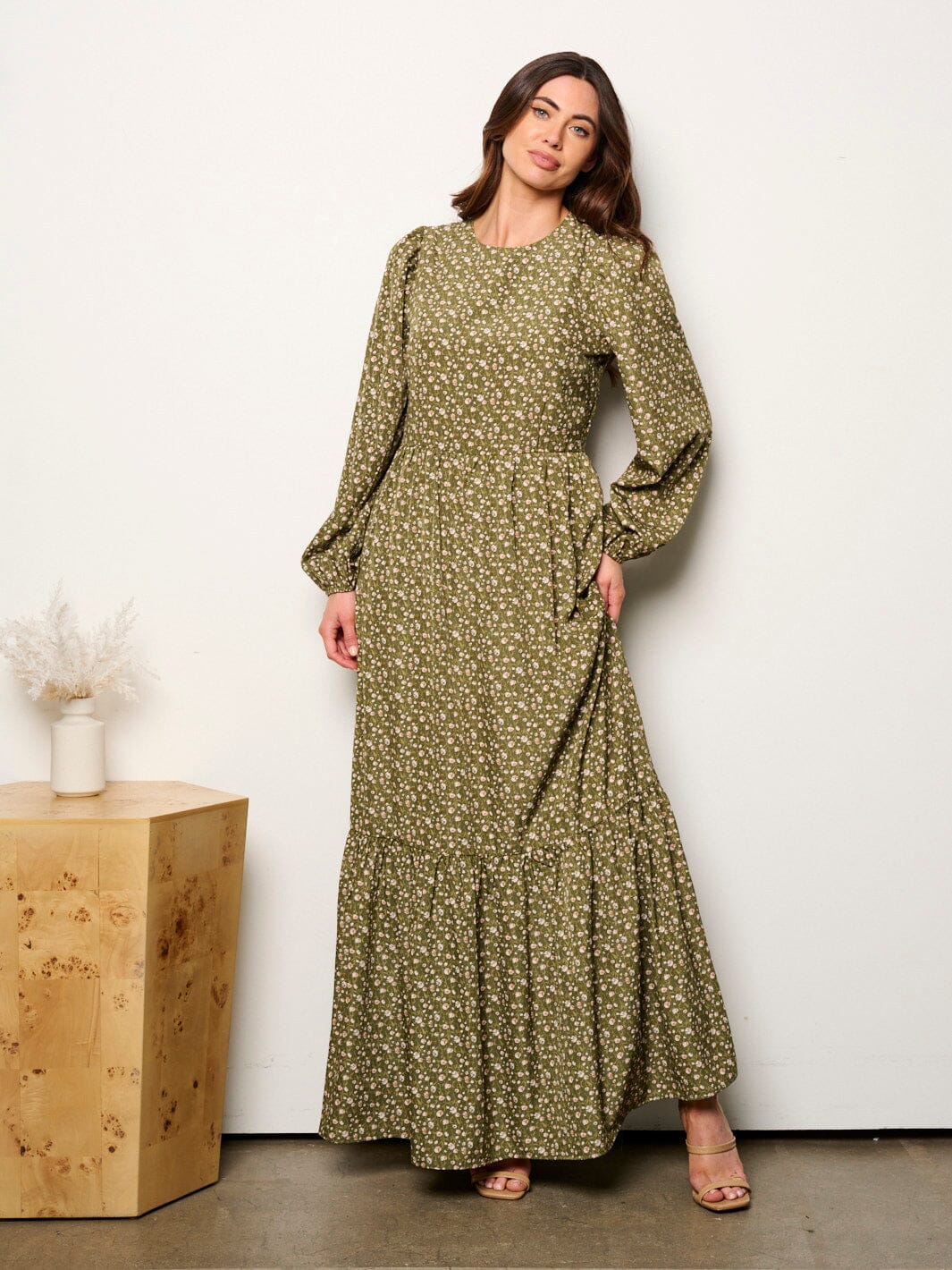 WOMEN'S LONG SLEEVE TIERED FLORAL MAXI DRESS