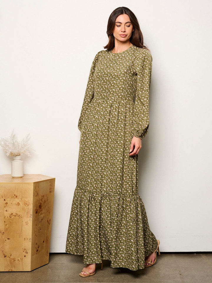 WOMEN'S LONG SLEEVE TIERED FLORAL MAXI DRESS
