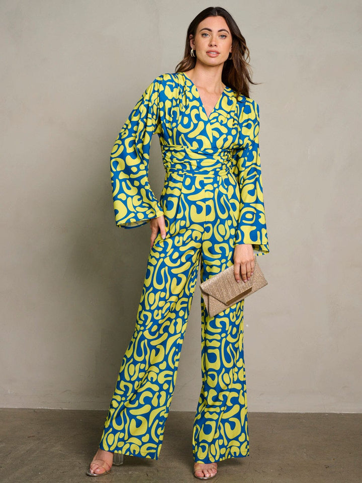 WOMEN'S LONG PUFF SLEEVE SURPLICE PRINTED WIDE LEG JUMPSUIT