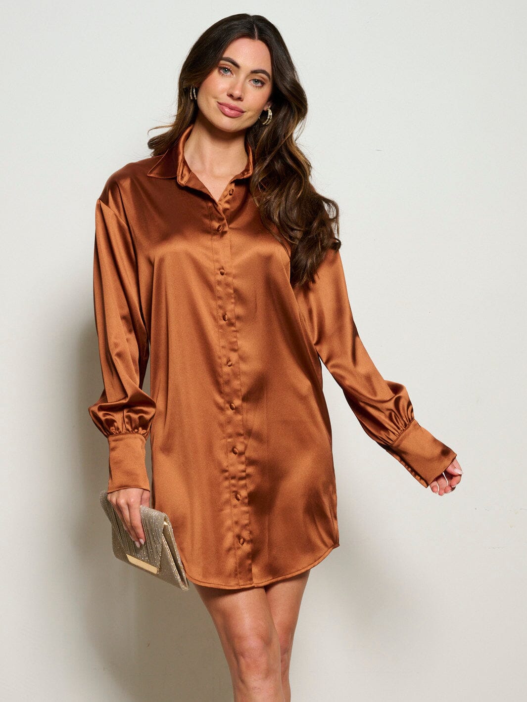 WOMEN'S LONG SLEEVE BUTTON UP SATIN MINI DRESS