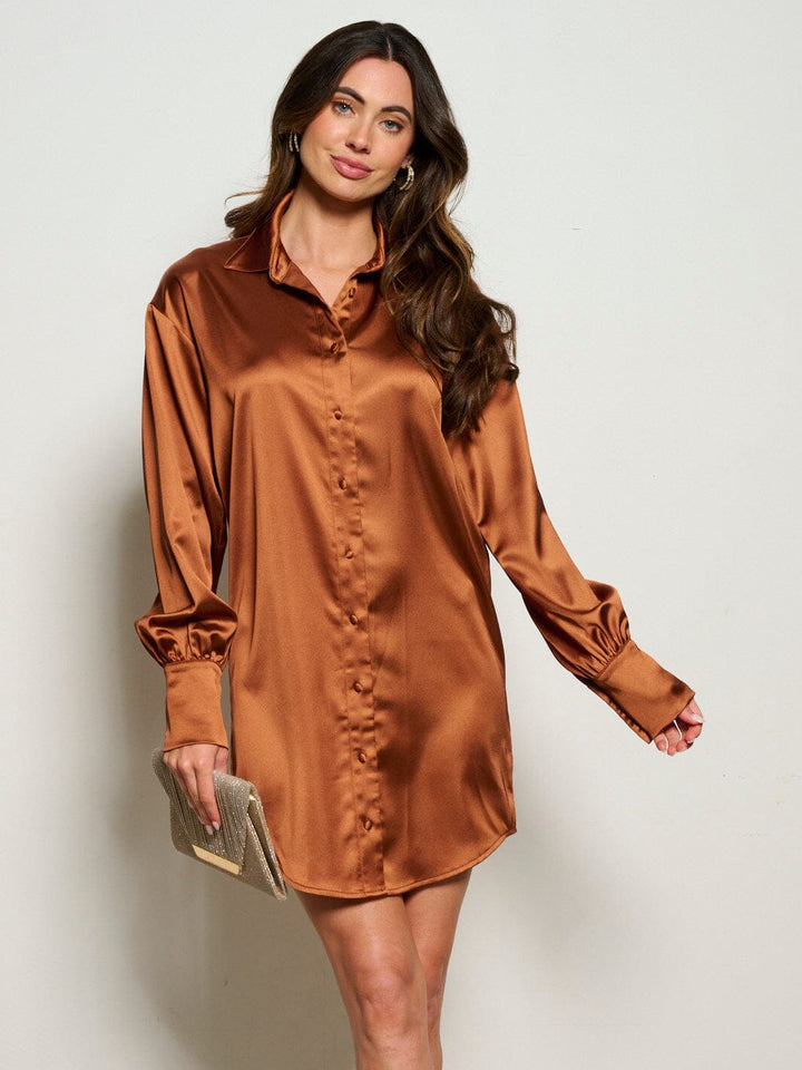 WOMEN'S LONG SLEEVE BUTTON UP SATIN MINI DRESS