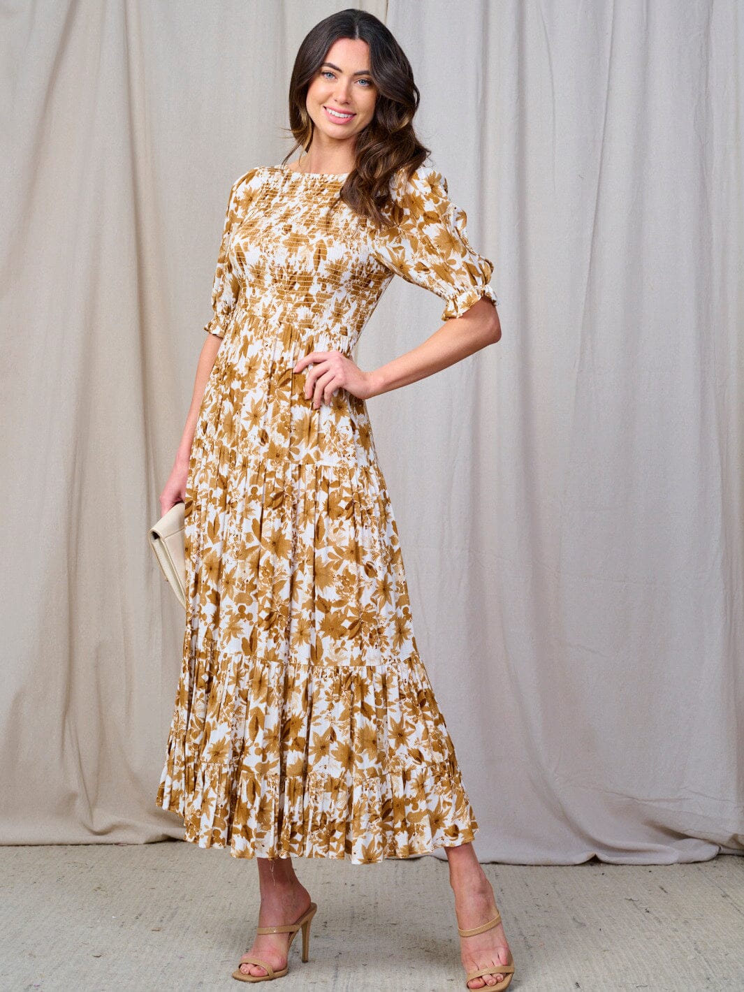 WOMEN'S SHORT SLEEVE SMOCK TIERED FLORAL MAXI DRESS