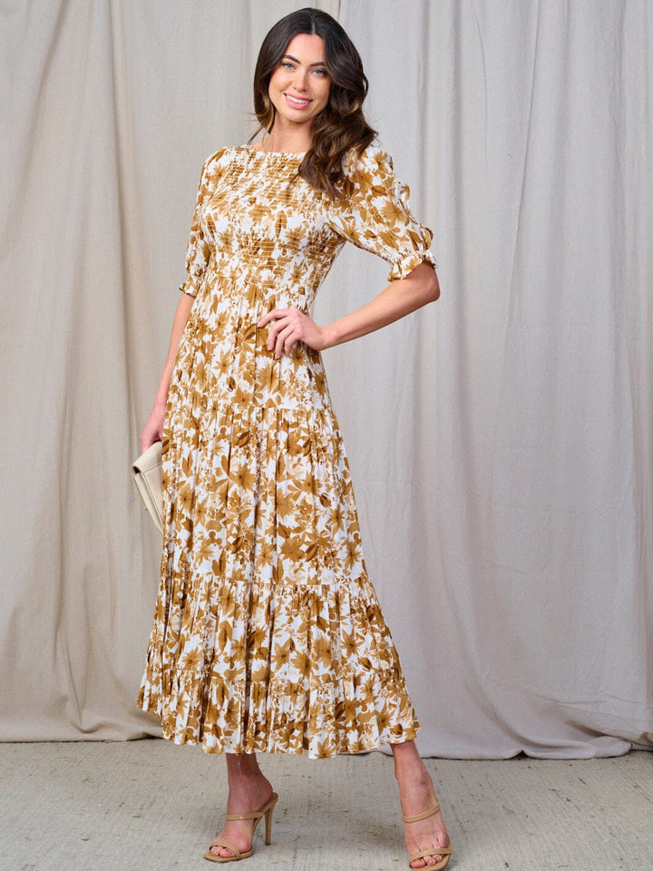 WOMEN'S SHORT SLEEVE SMOCK TIERED FLORAL MAXI DRESS