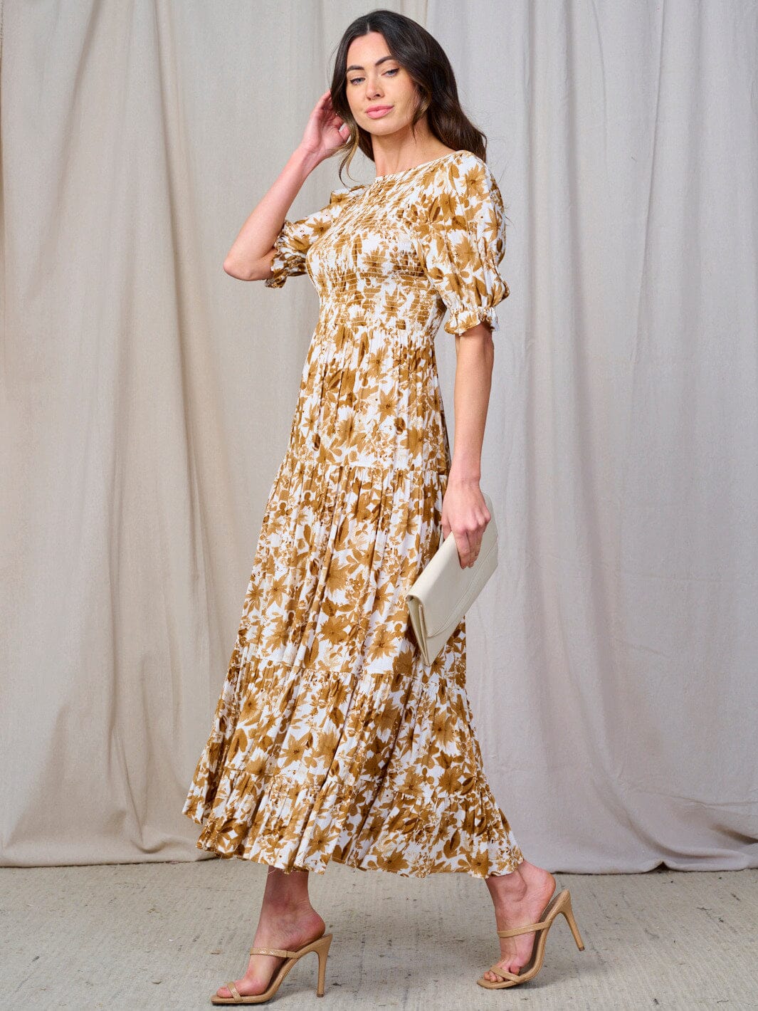 WOMEN'S SHORT SLEEVE SMOCK TIERED FLORAL MAXI DRESS
