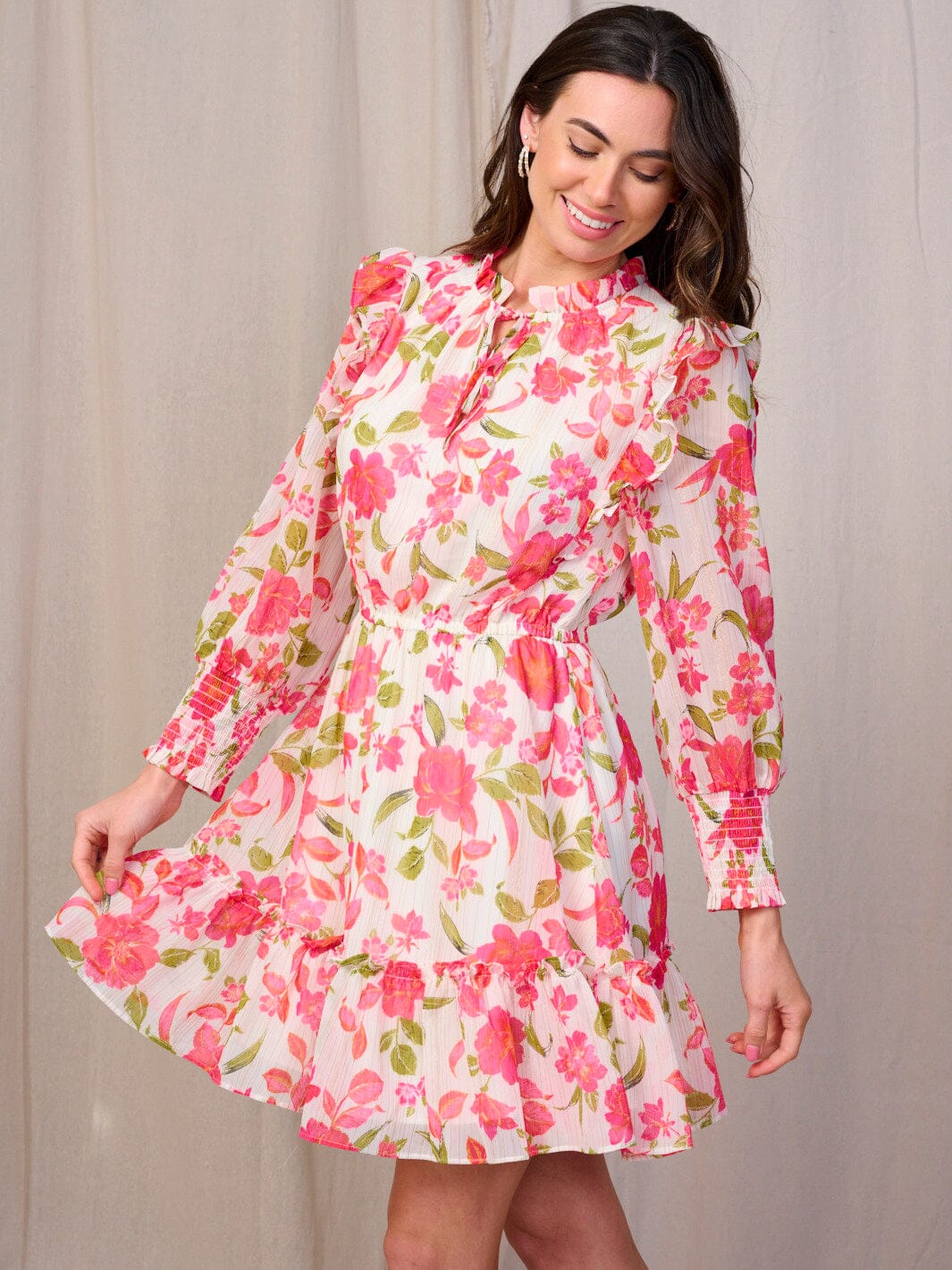 WOMEN'S LONG SLEEVES V-NECK ELASTIC WAIST RUFFLE FLORAL MINI DRESS