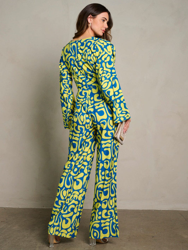 WOMEN'S LONG PUFF SLEEVE SURPLICE PRINTED WIDE LEG JUMPSUIT