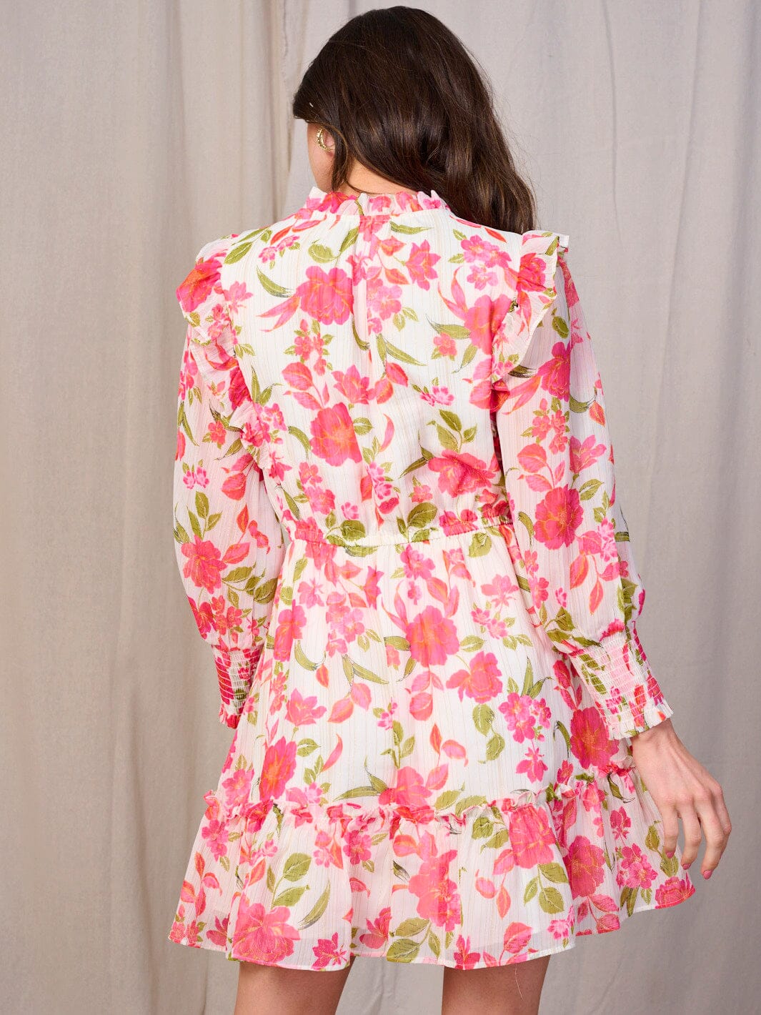 WOMEN'S LONG SLEEVES V-NECK ELASTIC WAIST RUFFLE FLORAL MINI DRESS