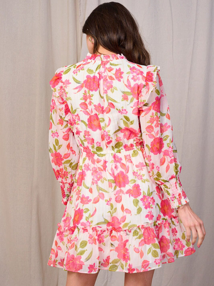 WOMEN'S LONG SLEEVES V-NECK ELASTIC WAIST RUFFLE FLORAL MINI DRESS