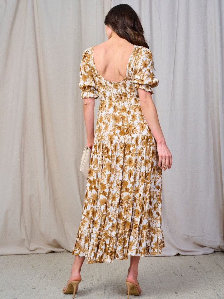 WOMEN'S SHORT SLEEVE SMOCK TIERED FLORAL MAXI DRESS