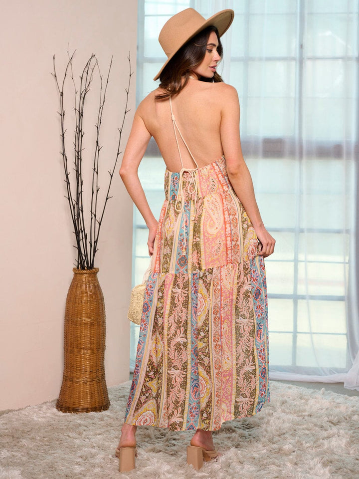 WOMEN'S SLEEVELESS HALTER NECK POCKETS MULTI PRINT MAXI DRESS