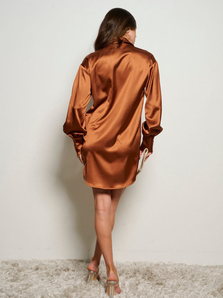 WOMEN'S LONG SLEEVE BUTTON UP SATIN MINI DRESS