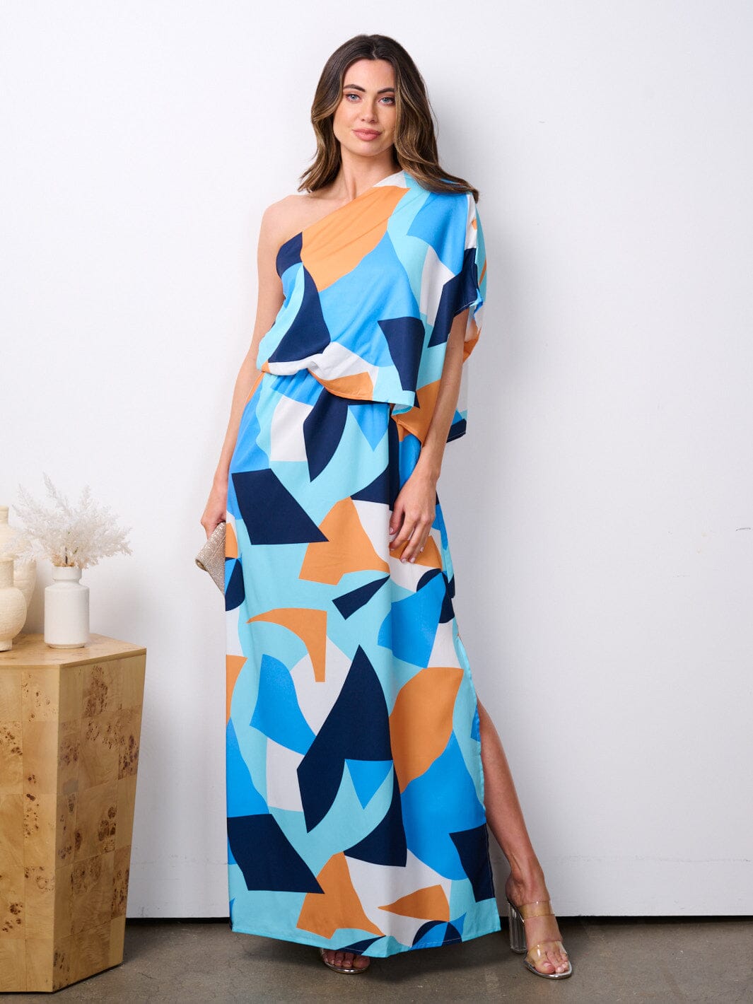 WOMEN'S ONE SHOULDER MULTI PRINT MAXI DRESS