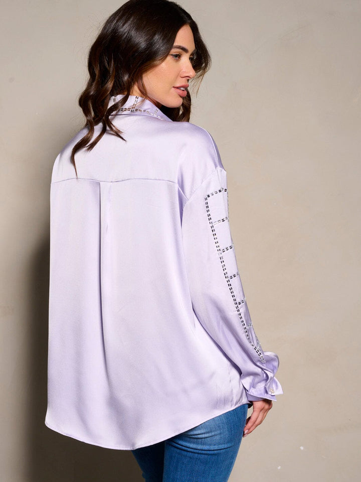 WOMEN'S LONG SLEEVE BUTTON UP STUDS DETAILED BLOUSE TOP