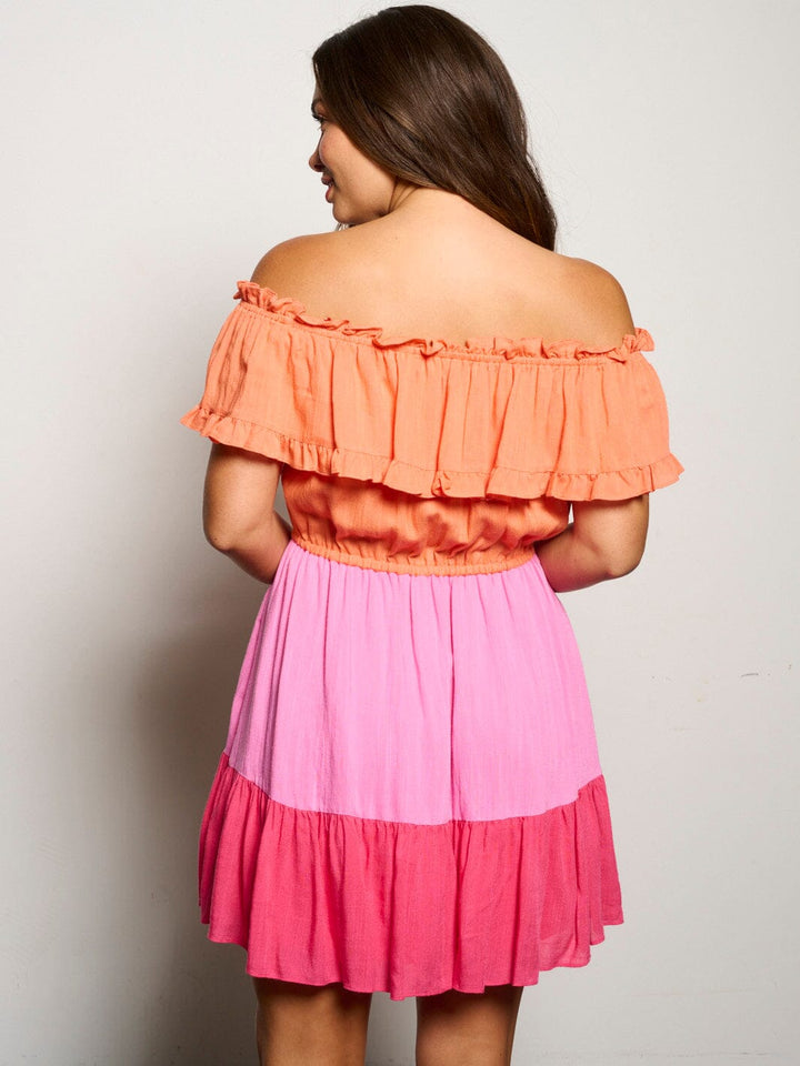 WOMEN'S OFF SHOULDER ELASTIC WAIST COLORBLOCK TIERED MINI DRESS