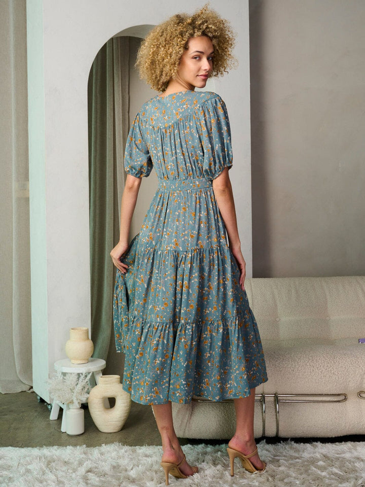 WOMEN'S SHORT PUFF SLEEVES TIERED FLORAL MIDI DRESS