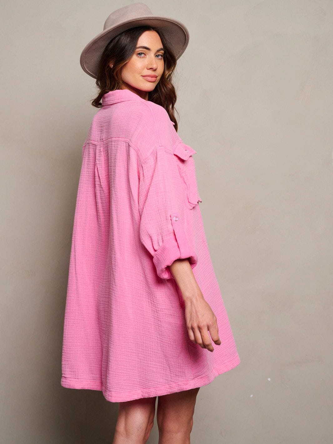 WOMEN'S LONG SLEEVE BUTTON UP TUNIC POCKETS WASHED MINI DRESS