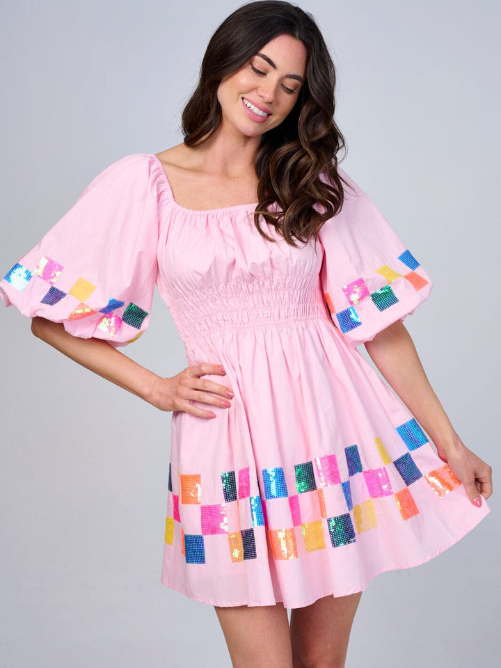 WOMEN'S SHORT PUFF SLEEVE SMOCK WAIST MULTI SEQUINS MINI DRESS