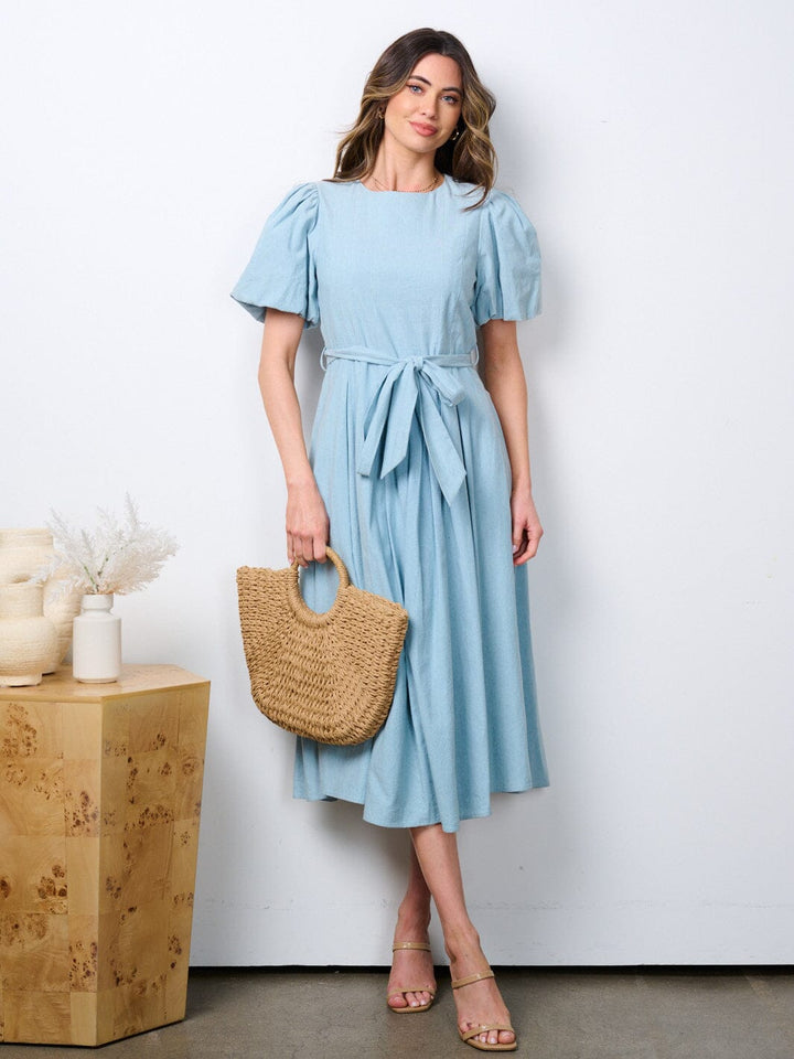 WOMEN'S SHORT PUFF SLEEVE SELF TIE MIDI DRESS
