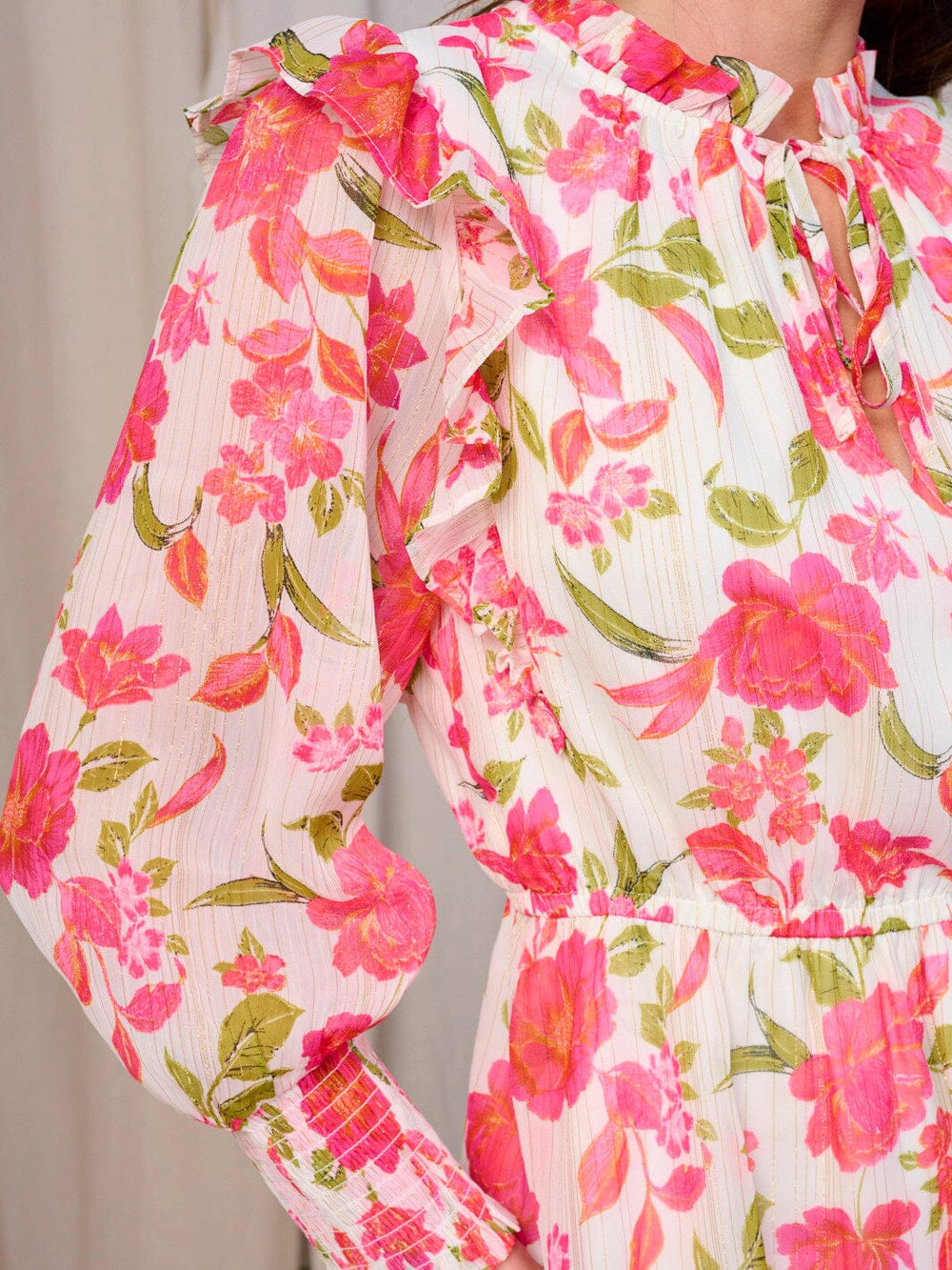 WOMEN'S LONG SLEEVES V-NECK ELASTIC WAIST RUFFLE FLORAL MINI DRESS