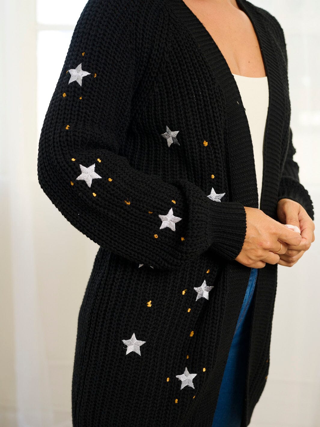WOMEN'S LONG SLEEVE OPEN FRONT STARS PRINT CARDIGAN