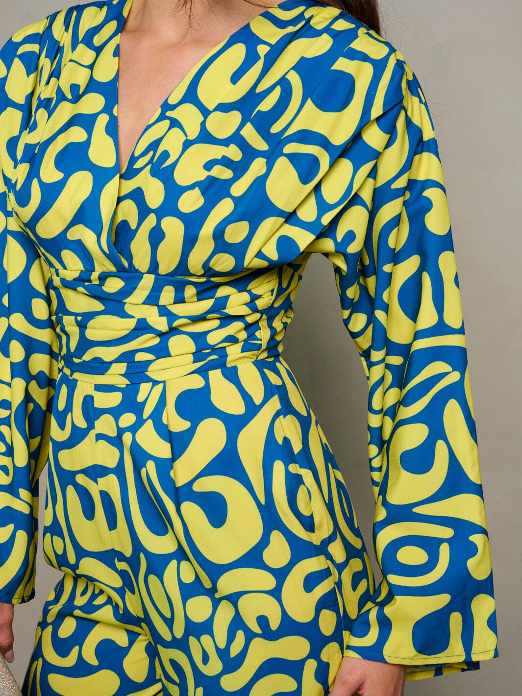 WOMEN'S LONG PUFF SLEEVE SURPLICE PRINTED WIDE LEG JUMPSUIT