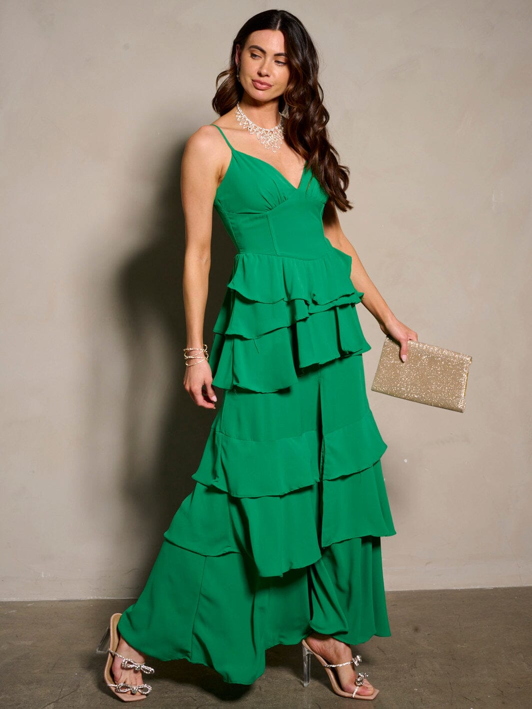 WOMEN'S SLEEVELESS V-NECK RUFFLE TIERED MAXI DRESS