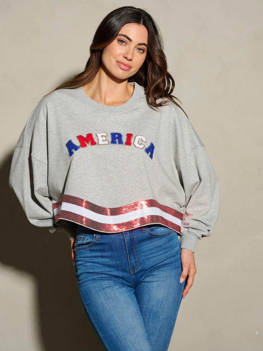 WOMEN'S LONG SLEEVE SEQUINS AMERICA PATRIOTIC TOP