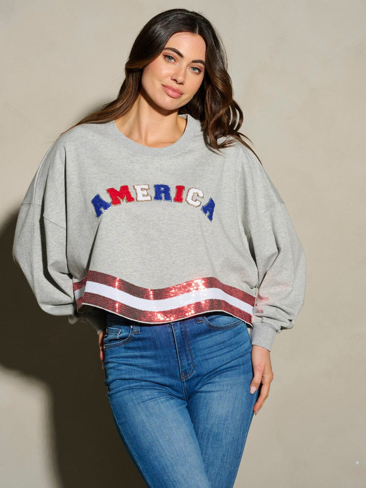 WOMEN'S LONG SLEEVE SEQUINS AMERICA PATRIOTIC TOP