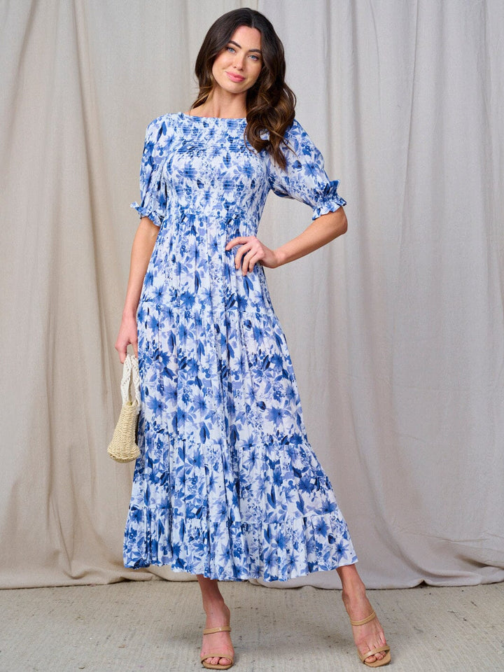 WOMEN'S SHORT SLEEVE SMOCK TIERED FLORAL MAXI DRESS