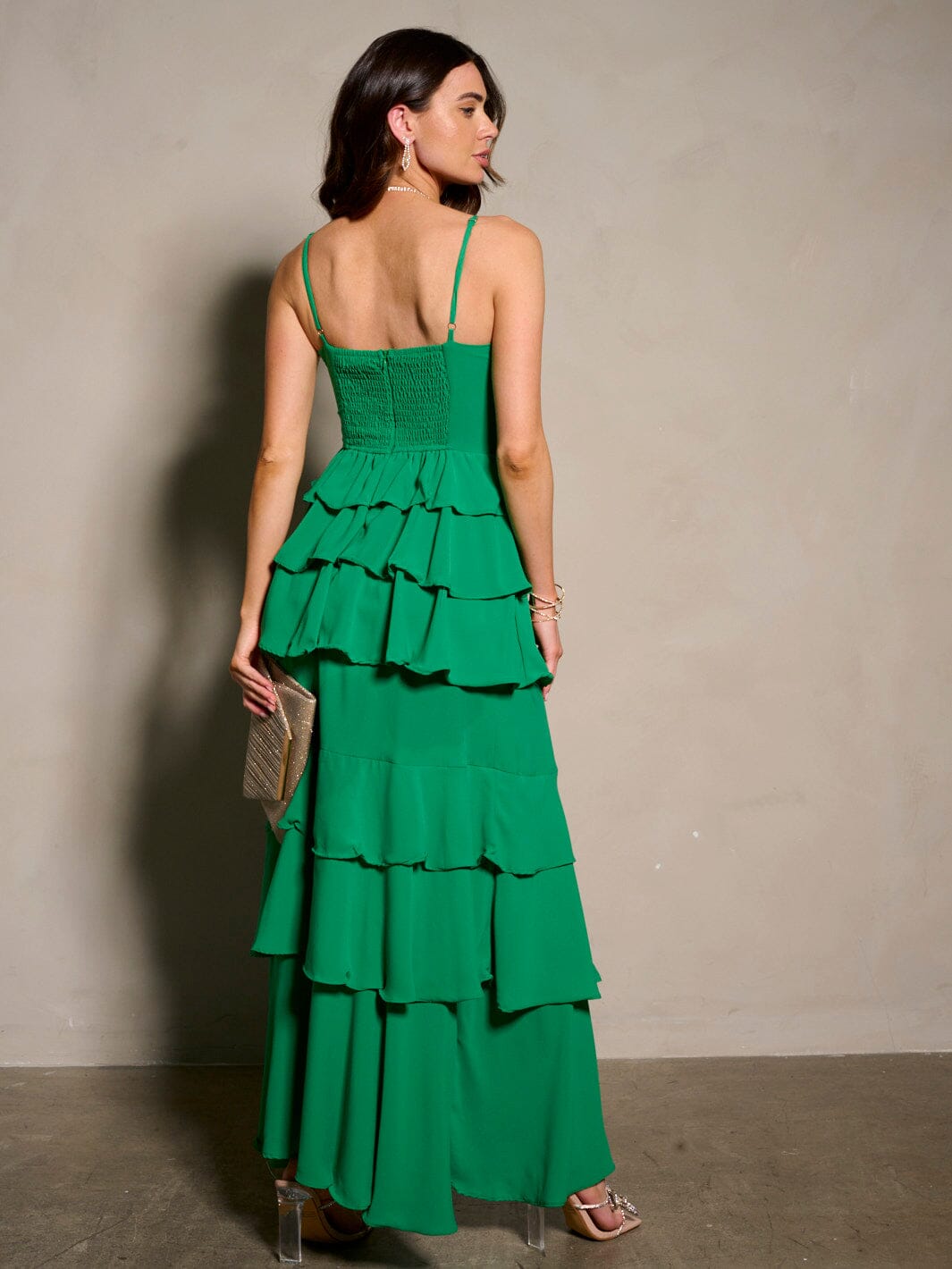 WOMEN'S SLEEVELESS V-NECK RUFFLE TIERED MAXI DRESS
