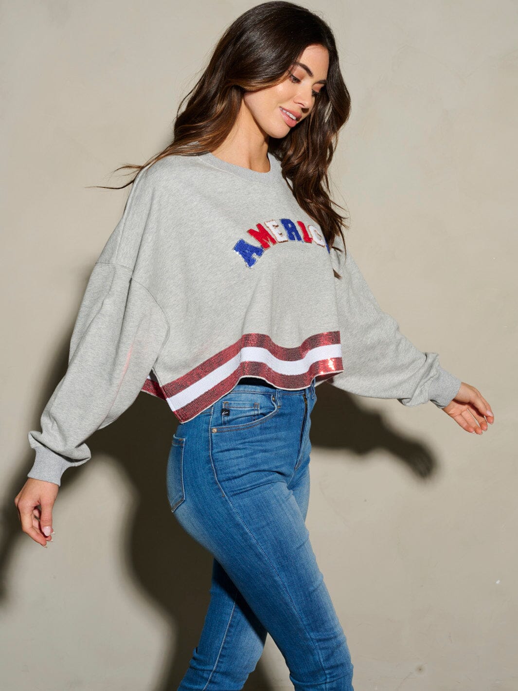 WOMEN'S LONG SLEEVE SEQUINS AMERICA PATRIOTIC TOP