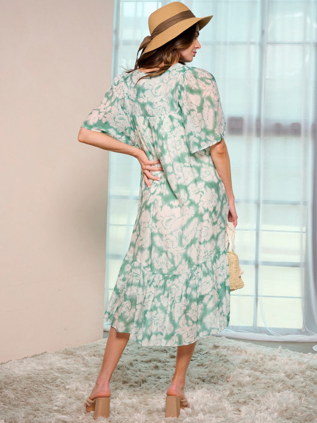 WOMEN'S SHORT SLEEVE V-NECK POCKETS HIGH-LOW FLORAL MID DRESS