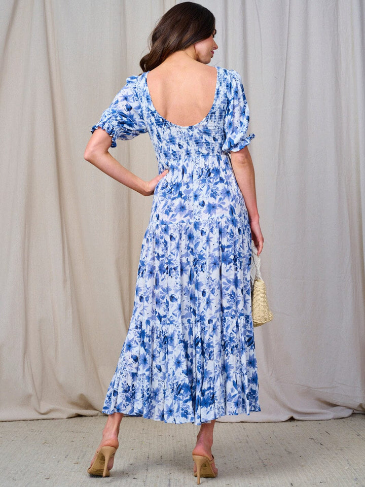 WOMEN'S SHORT SLEEVE SMOCK TIERED FLORAL MAXI DRESS
